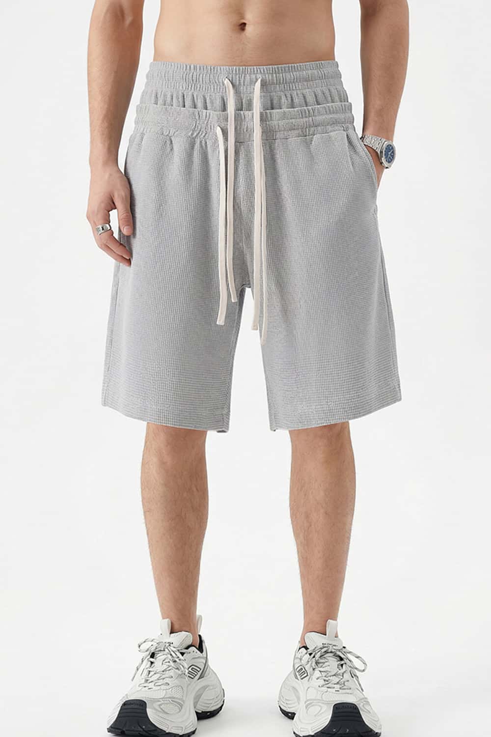Snow-Washed Waffle Drawstring Shorts - Vitex Ash