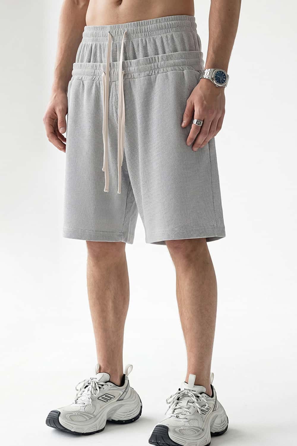 Snow-Washed Waffle Drawstring Shorts - Vitex Ash