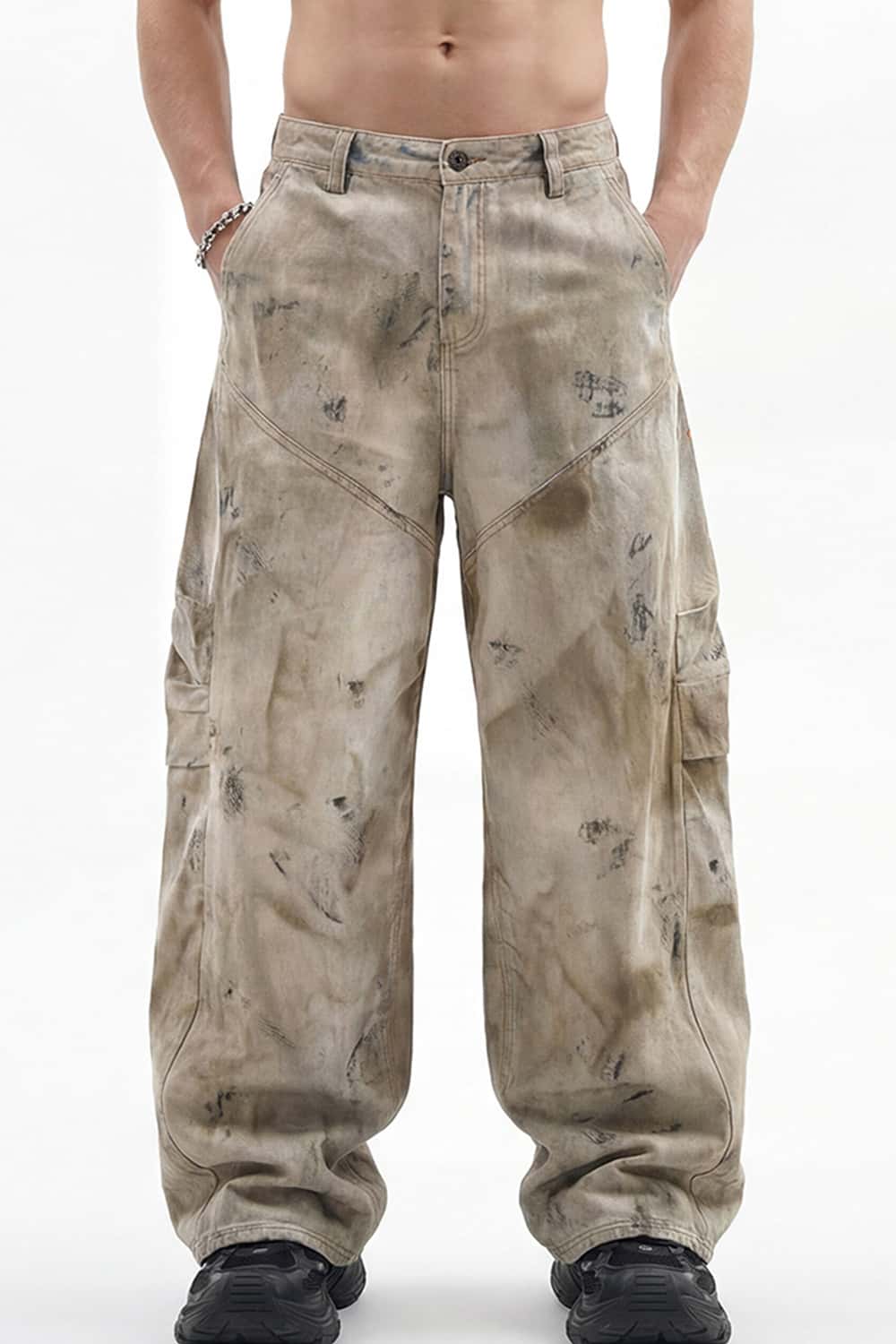 Distressed Denim-Texture Wide-Leg Pants - Yellow