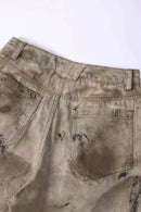 Distressed Denim-Texture Wide-Leg Pants - Yellow