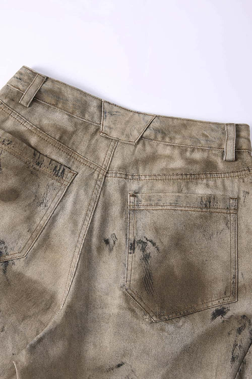 Distressed Denim-Texture Wide-Leg Pants - Yellow