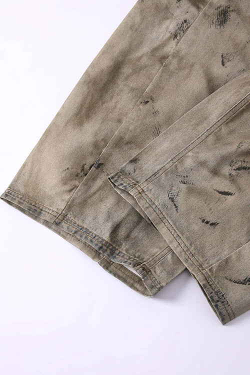 Distressed Denim-Texture Wide-Leg Pants - Yellow