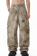 Distressed Denim-Texture Wide-Leg Pants - Yellow