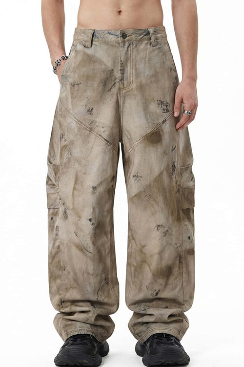 Distressed Denim-Texture Wide-Leg Pants - Yellow