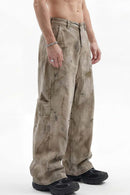 Distressed Denim-Texture Wide-Leg Pants - Yellow
