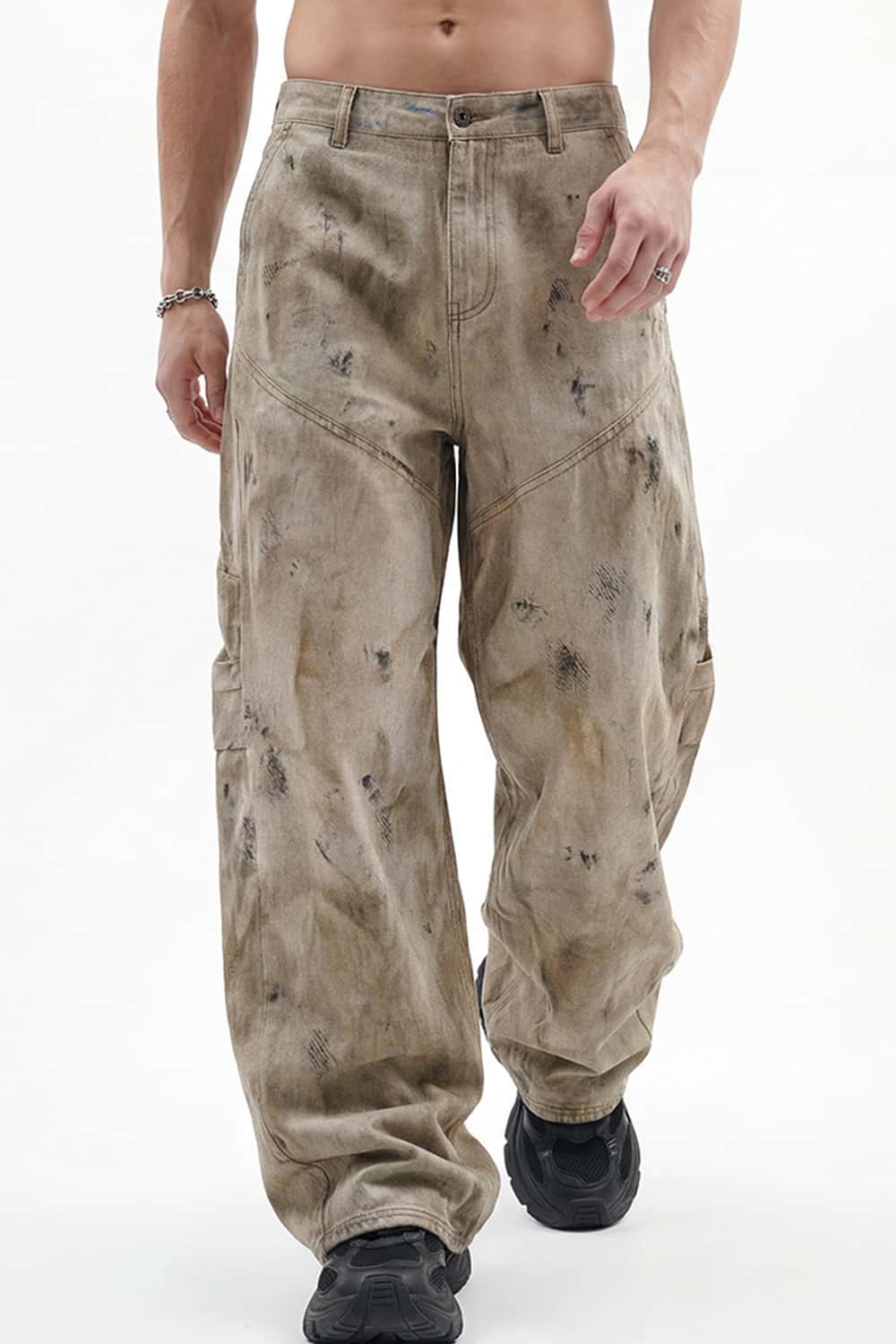 Distressed Denim-Texture Wide-Leg Pants - Yellow