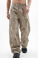 Distressed Denim-Texture Wide-Leg Pants - Yellow
