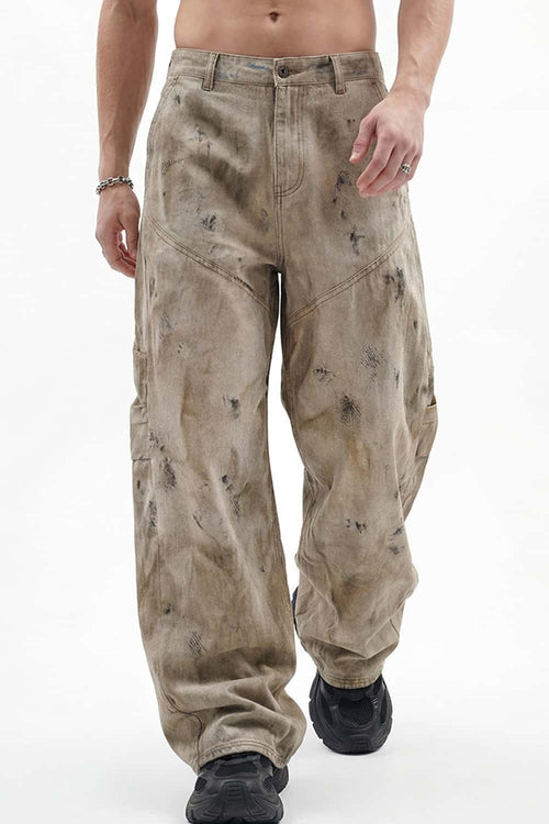 Distressed Denim-Texture Wide-Leg Pants - Yellow