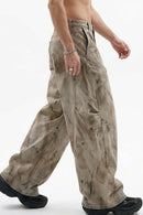 Distressed Denim-Texture Wide-Leg Pants - Yellow