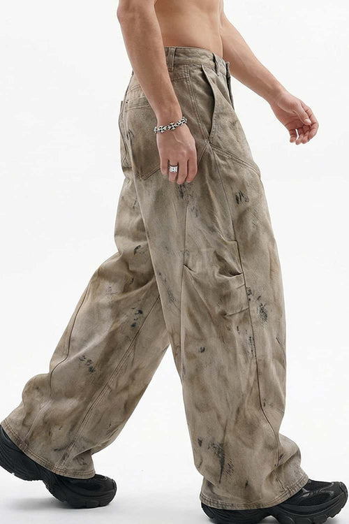 Distressed Denim-Texture Wide-Leg Pants - Yellow