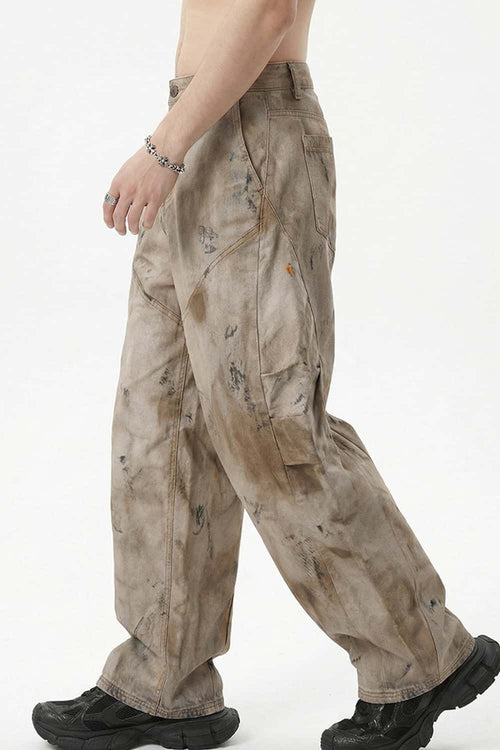 Distressed Denim-Texture Wide-Leg Pants - Yellow