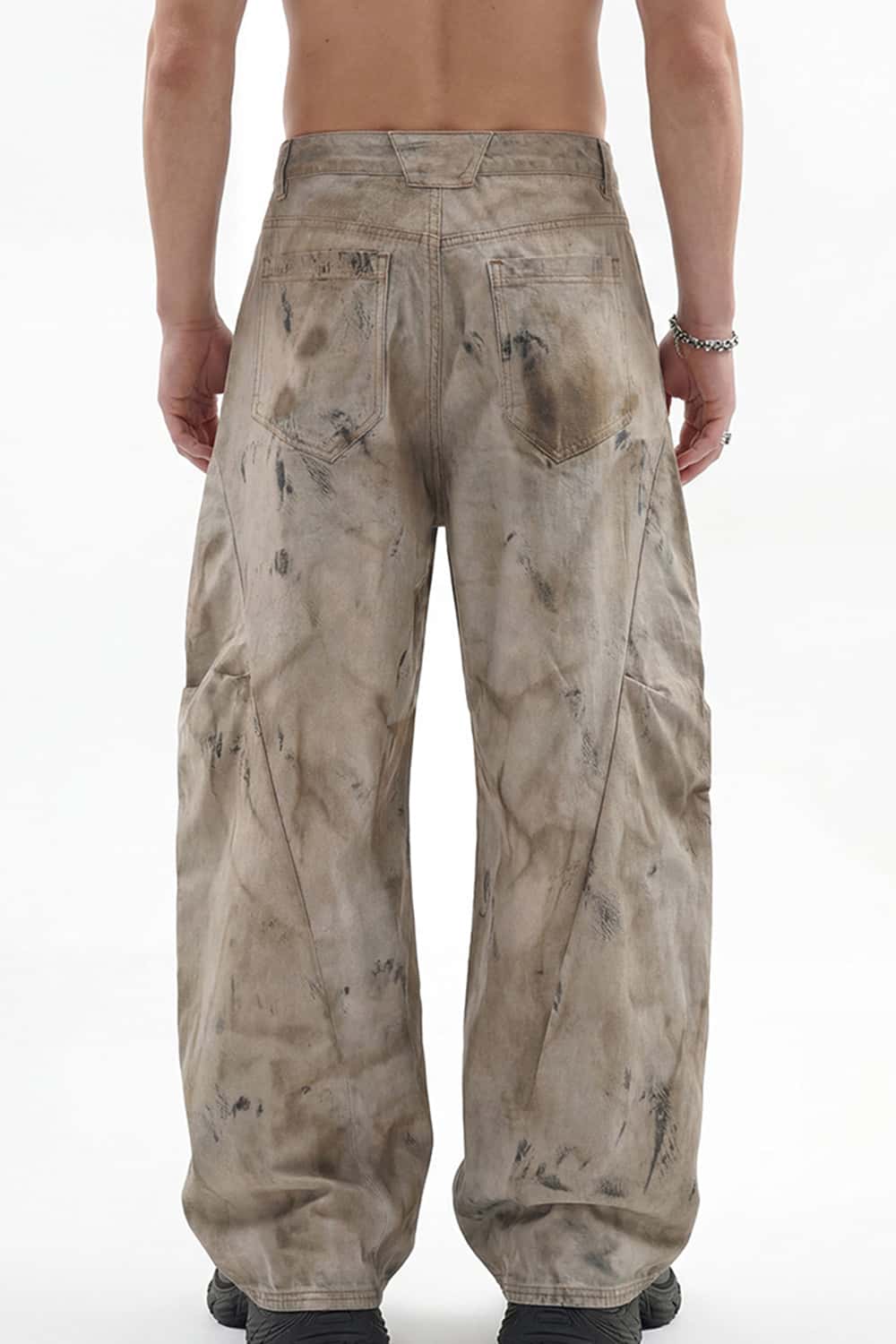 Distressed Denim-Texture Wide-Leg Pants - Yellow