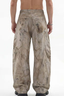 Distressed Denim-Texture Wide-Leg Pants - Yellow