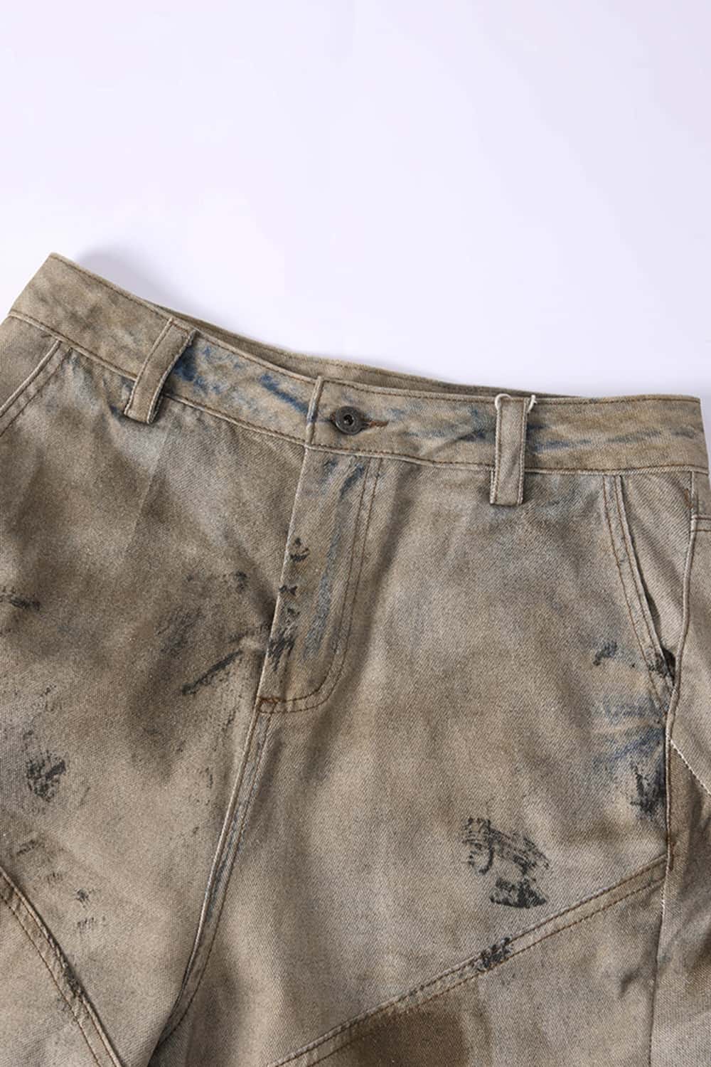 Distressed Denim-Texture Wide-Leg Pants - Yellow