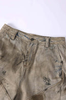 Distressed Denim-Texture Wide-Leg Pants - Yellow