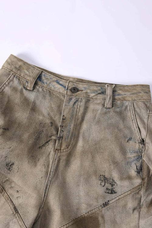 Distressed Denim-Texture Wide-Leg Pants - Yellow