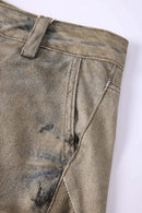 Distressed Denim-Texture Wide-Leg Pants - Yellow