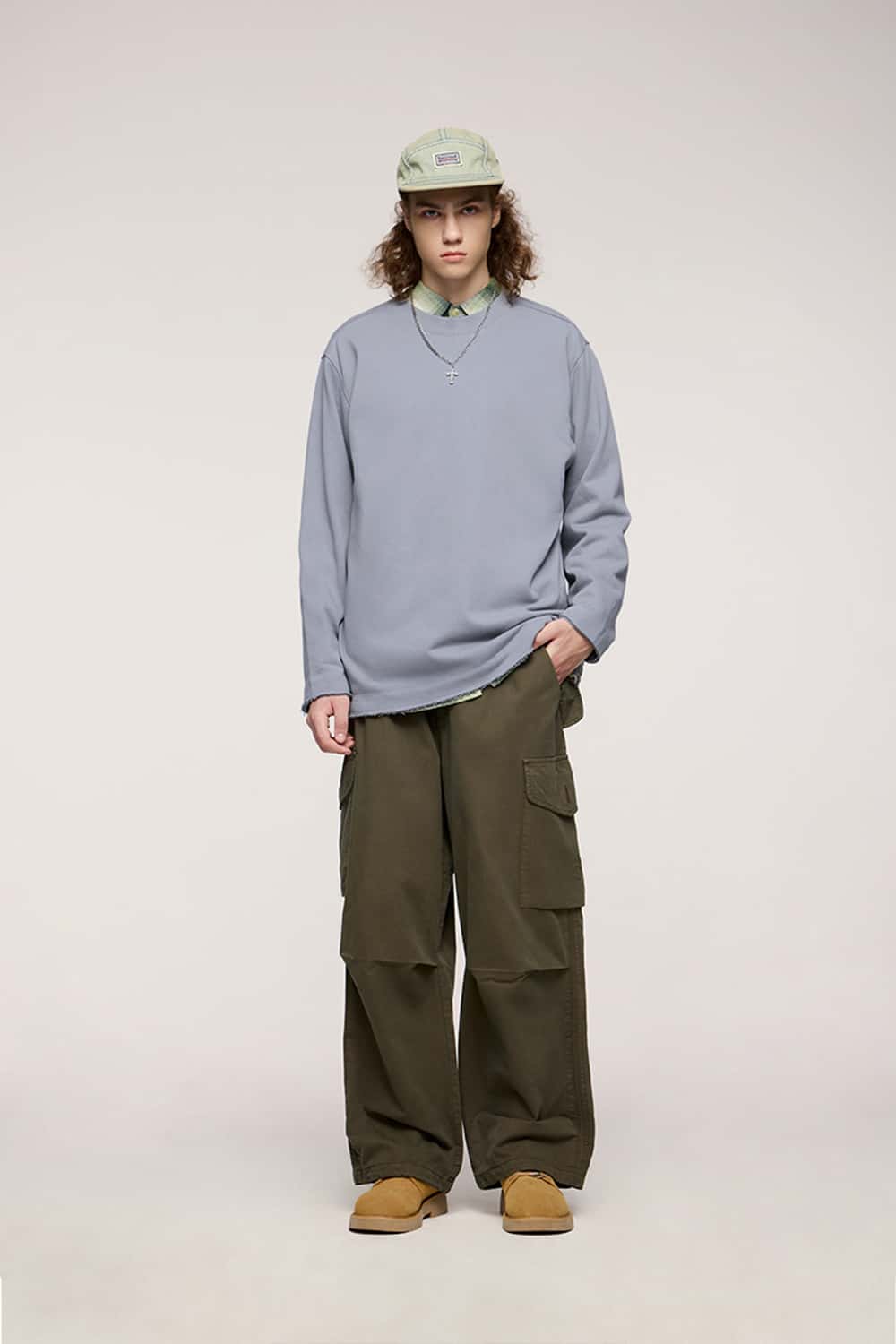 Raw-Edge Ribbed Collar Heavyweight Sweatshirt - Grayish Blue