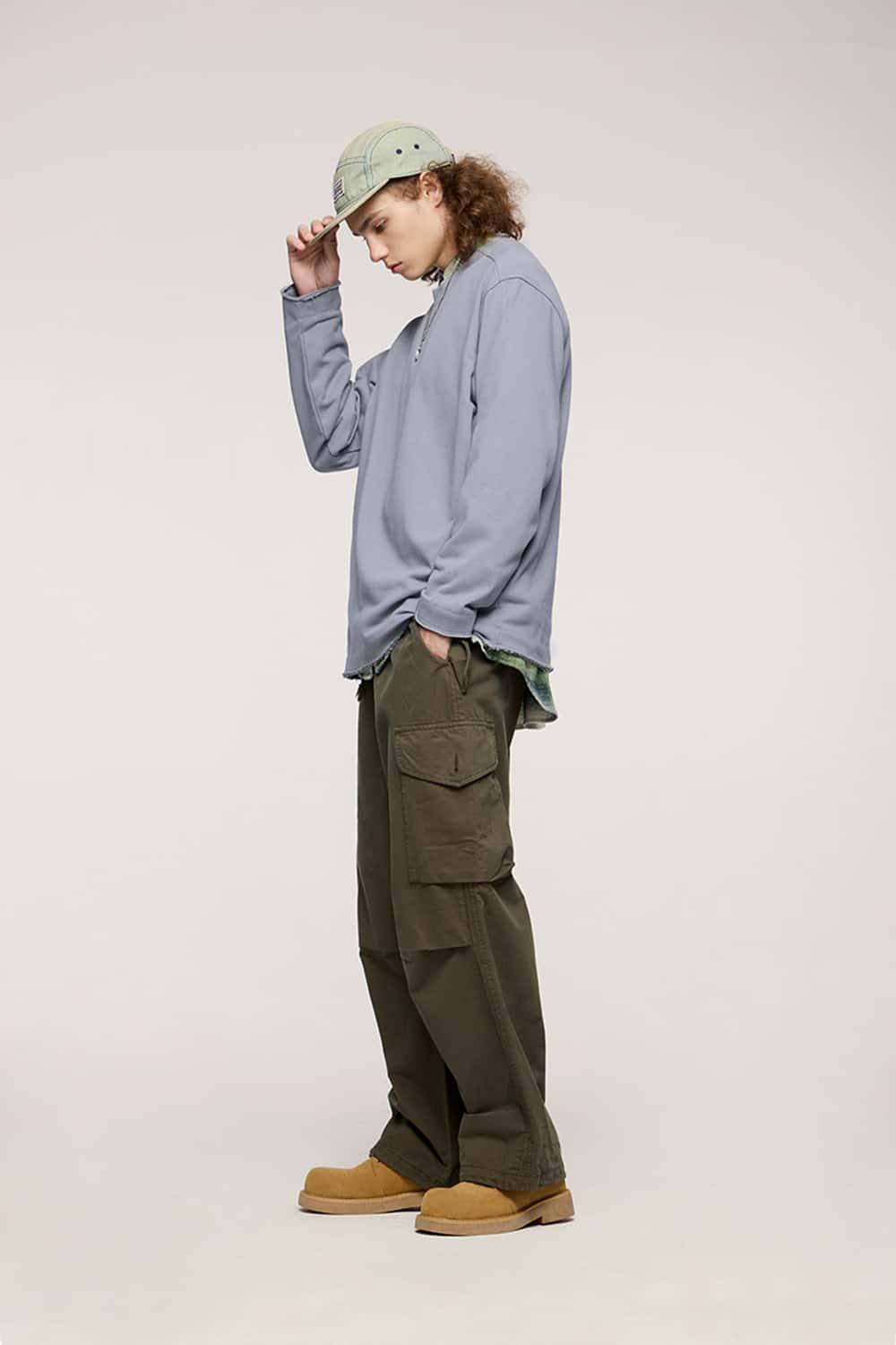 Raw-Edge Ribbed Collar Heavyweight Sweatshirt - Grayish Blue