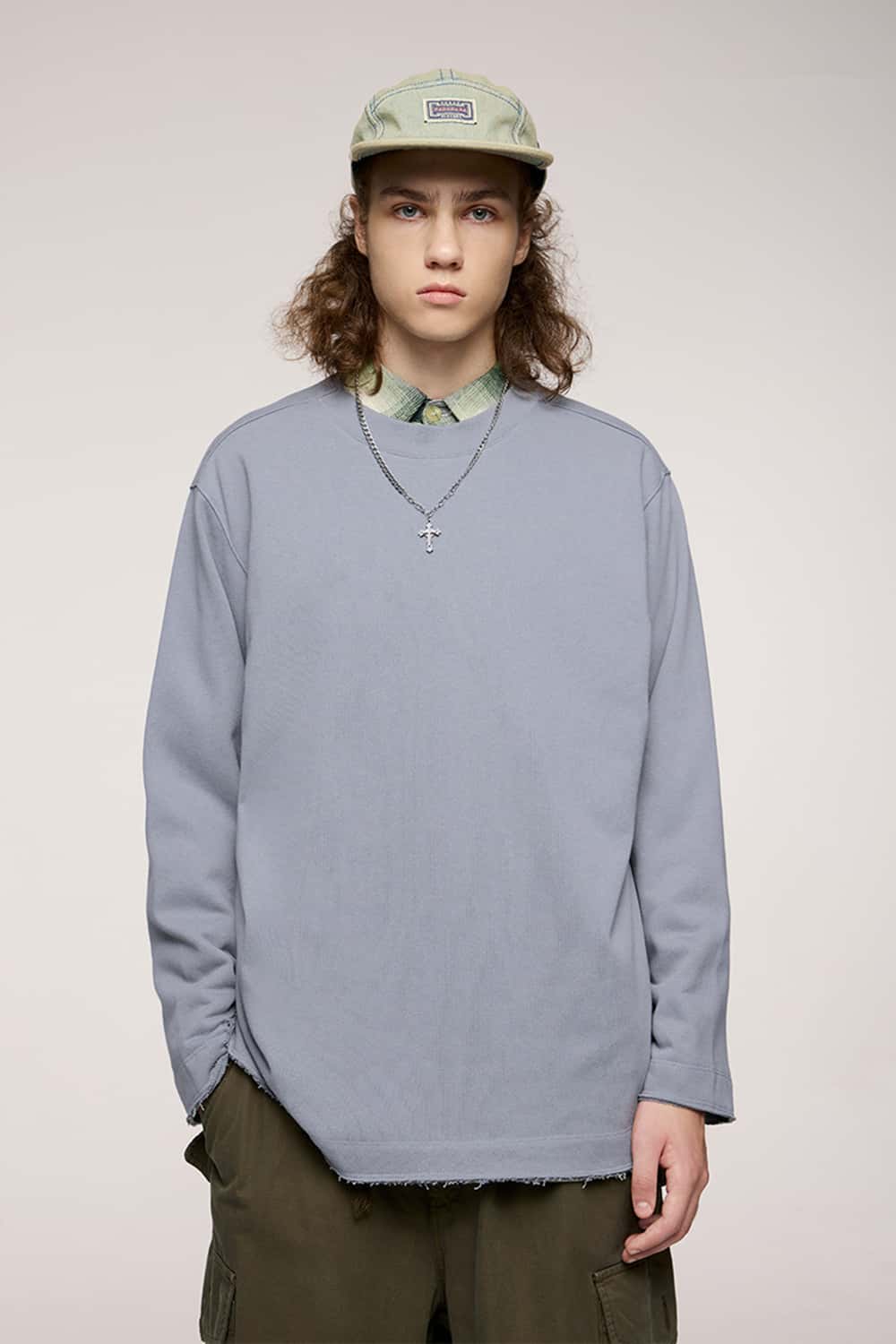Raw-Edge Ribbed Collar Heavyweight Sweatshirt - Grayish Blue