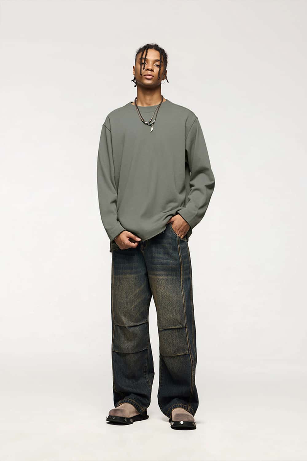 Raw-Edge Ribbed Collar Heavyweight Sweatshirt - Grayish Green