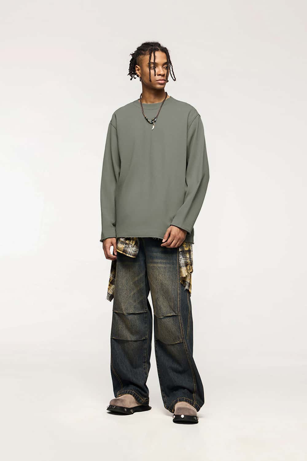 Raw-Edge Ribbed Collar Heavyweight Sweatshirt - Grayish Green