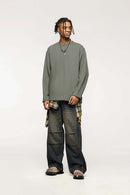 Raw-Edge Ribbed Collar Heavyweight Sweatshirt - Grayish Green
