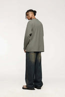 Raw-Edge Ribbed Collar Heavyweight Sweatshirt - Grayish Green