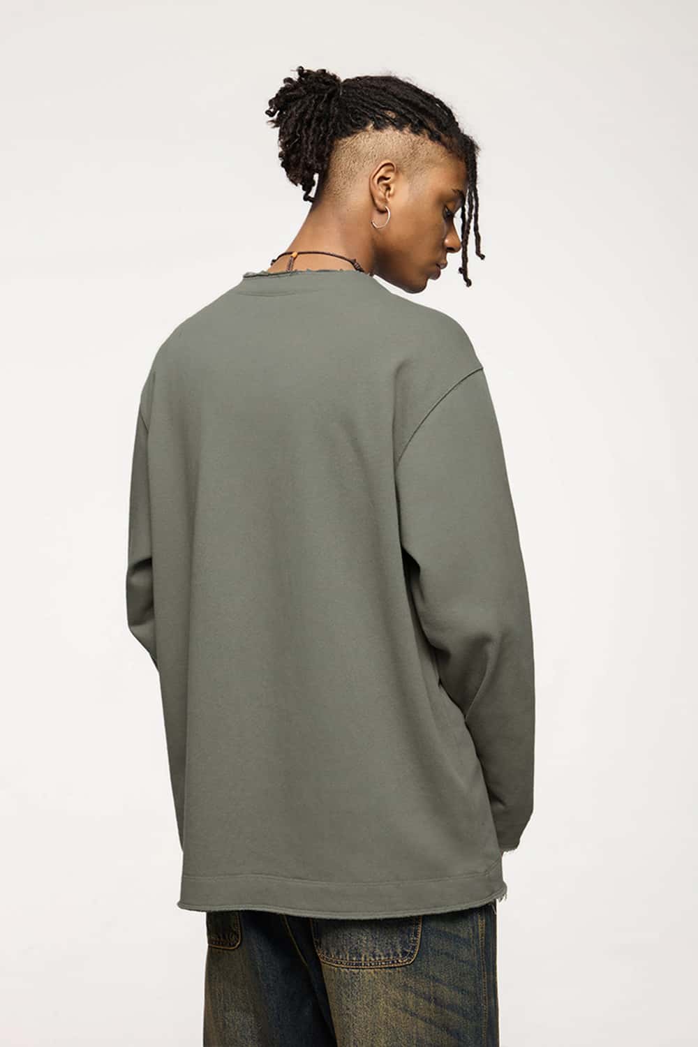 Raw-Edge Ribbed Collar Heavyweight Sweatshirt - Grayish Green