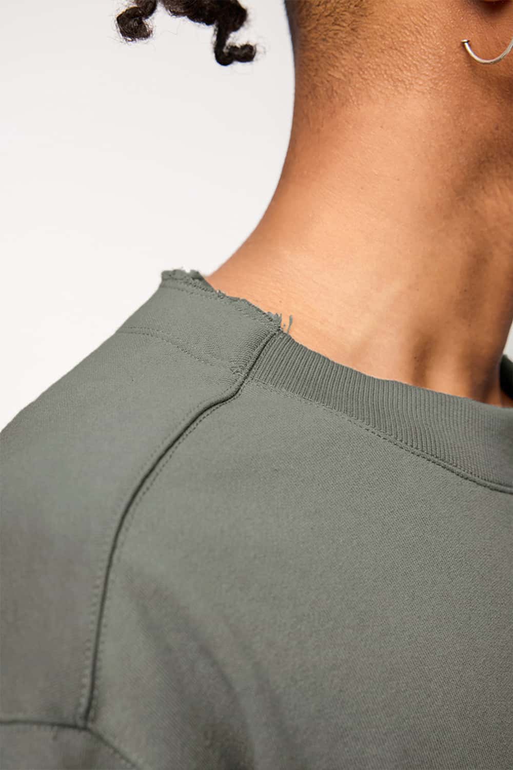 Raw-Edge Ribbed Collar Heavyweight Sweatshirt - Grayish Green