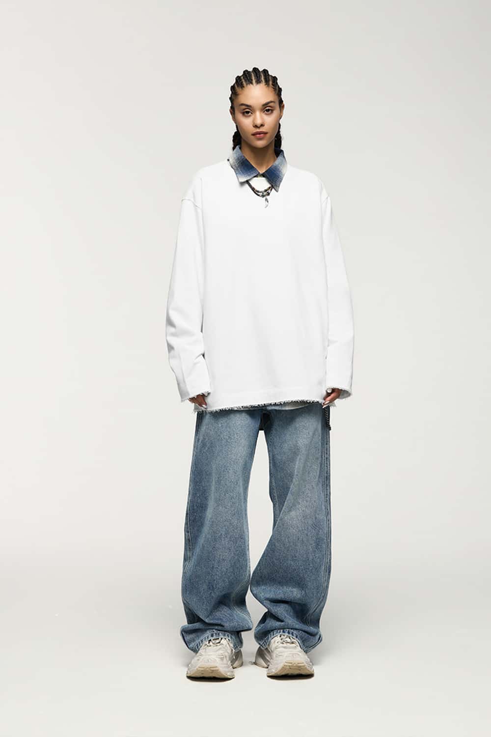 Raw-Edge Ribbed Collar Heavyweight Sweatshirt - Off White