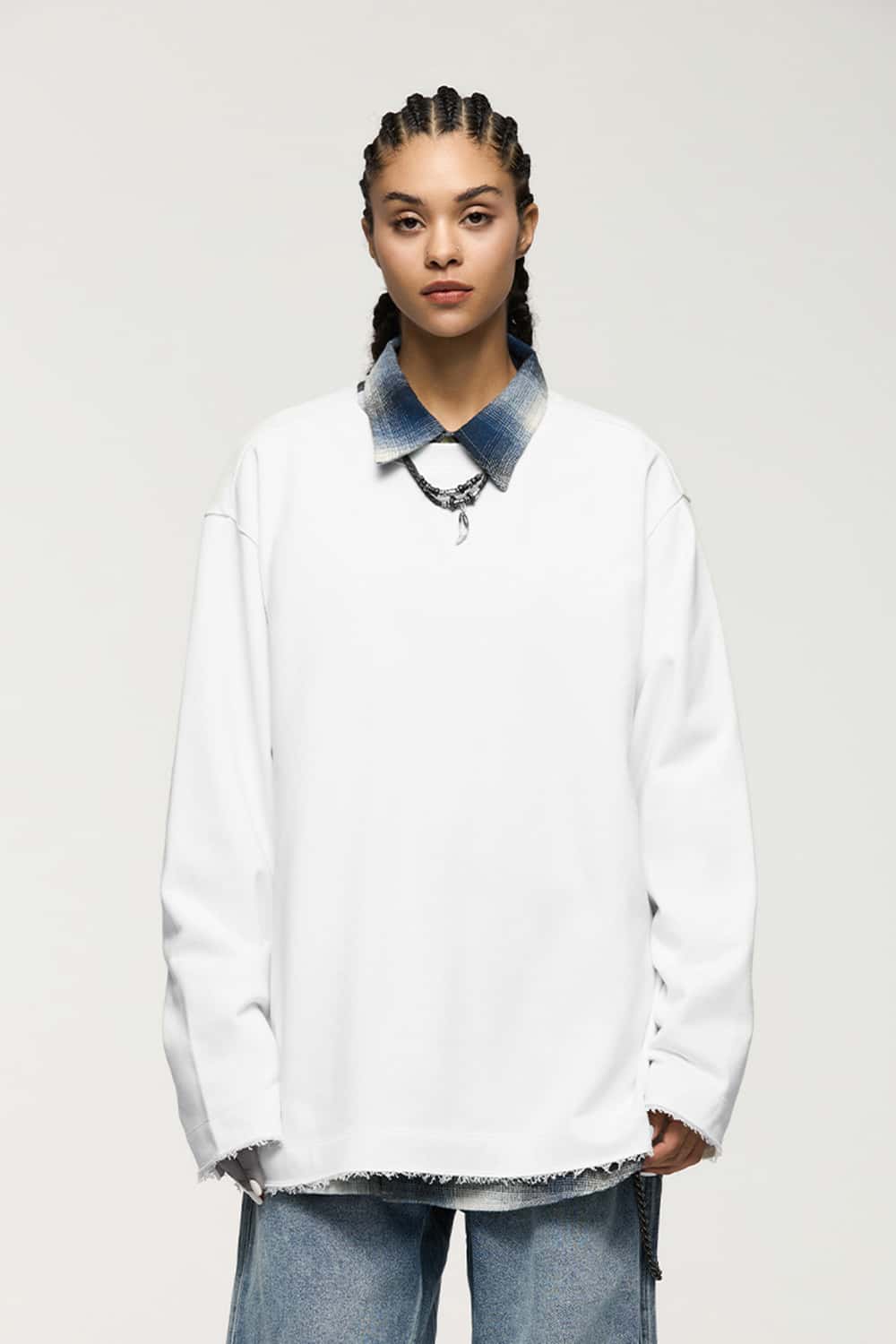 Raw-Edge Ribbed Collar Heavyweight Sweatshirt - Off White