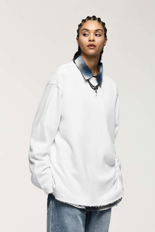 Raw-Edge Ribbed Collar Heavyweight Sweatshirt - Off White