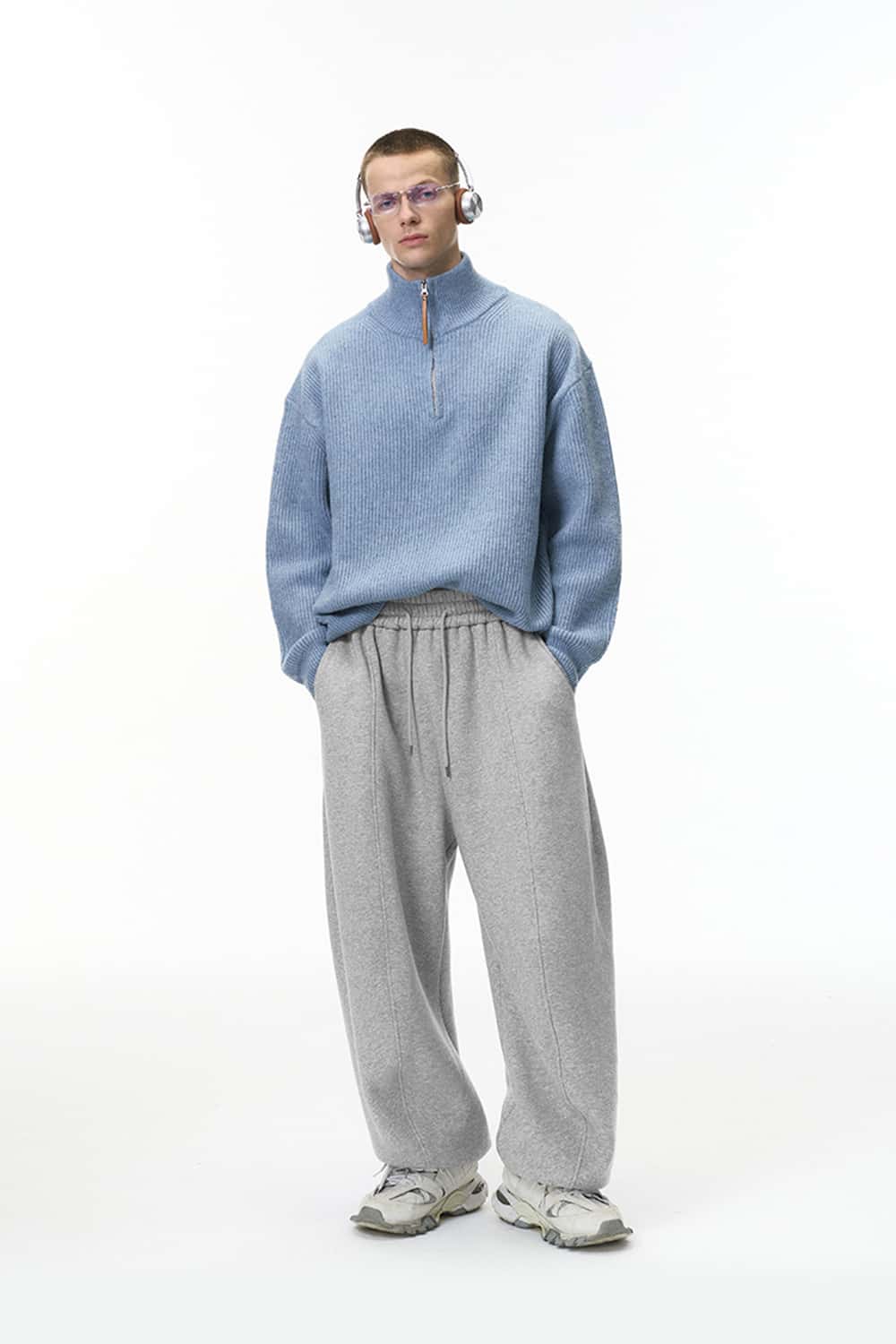 Premium Fleece Wide-Leg Sweatpants - Flower Gray