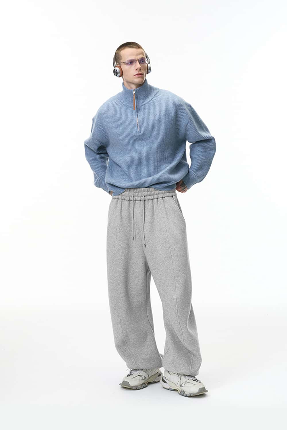 Premium Fleece Wide-Leg Sweatpants - Flower Gray