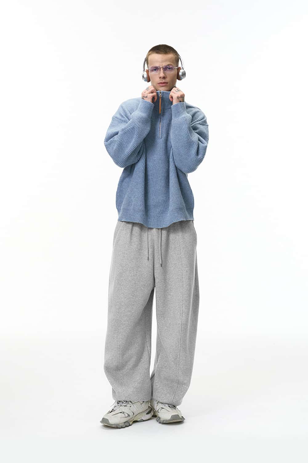 Premium Fleece Wide-Leg Sweatpants - Flower Gray