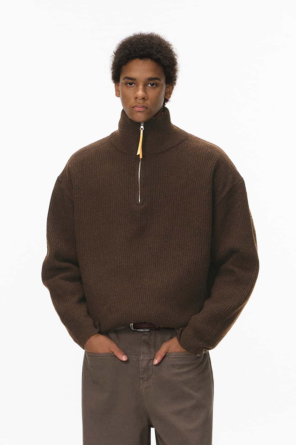 Half-Zip Mock Neck Sweater - Brown