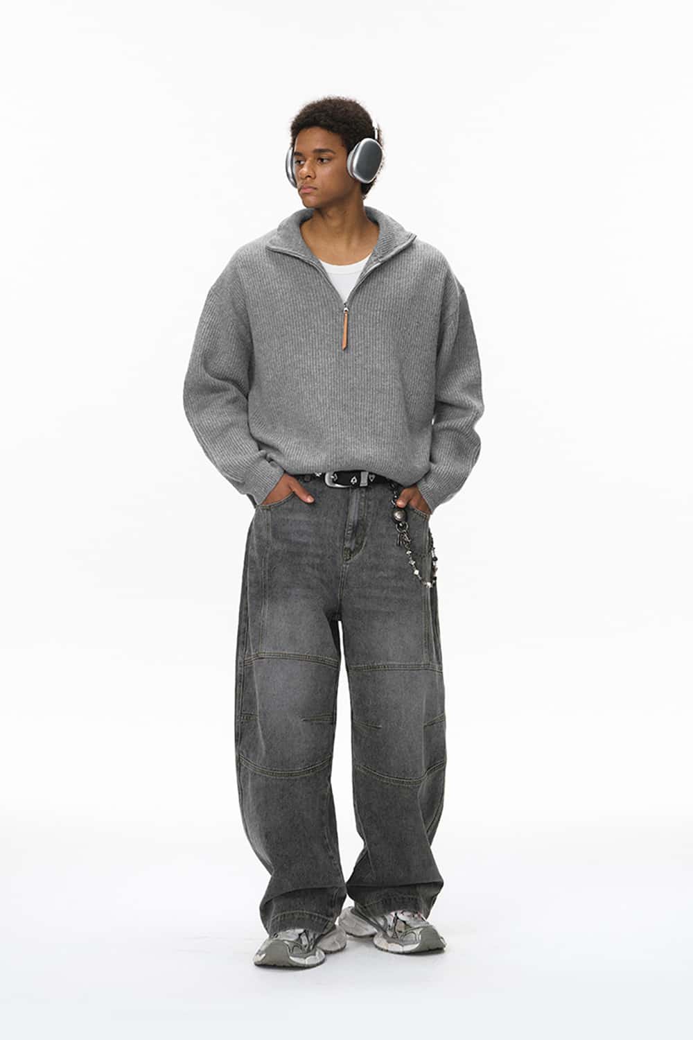 Half-Zip Mock Neck Sweater - Flower Gray