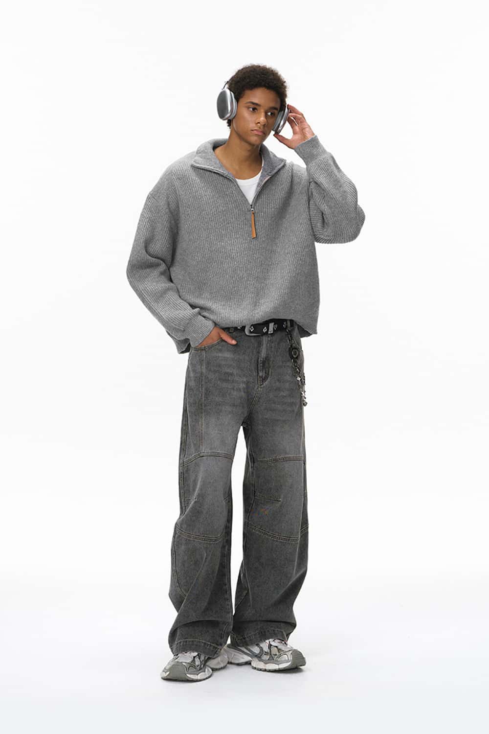 Half-Zip Mock Neck Sweater - Flower Gray