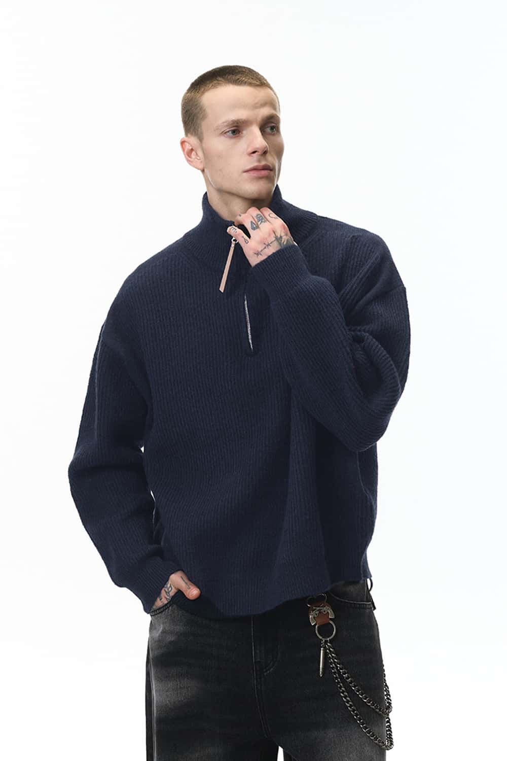 Half-Zip Mock Neck Sweater - Navy Blue