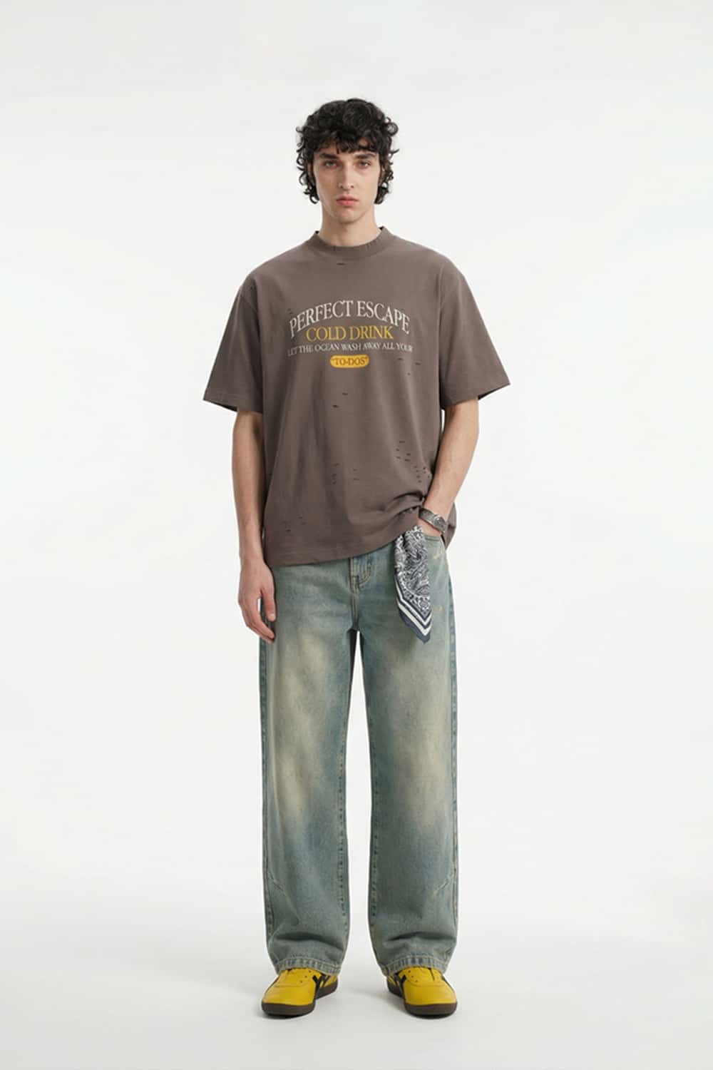 Distressed Mock Neck Graphic Tee - Brown