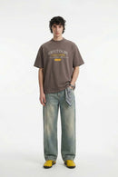 Distressed Mock Neck Graphic Tee - Brown