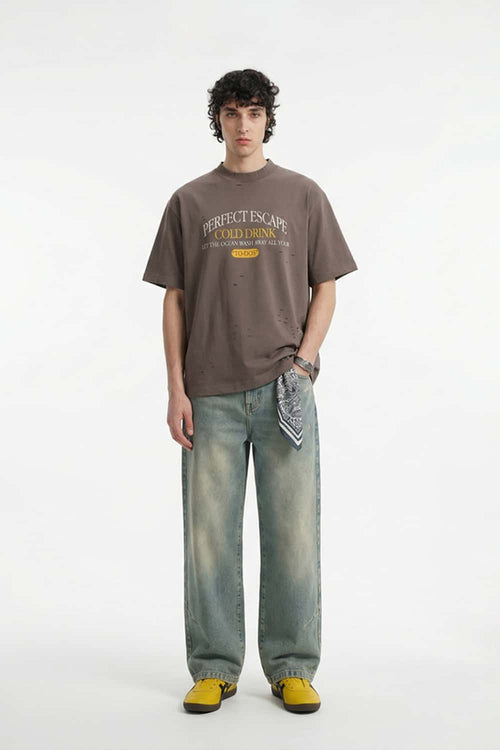 Distressed Mock Neck Graphic Tee - Brown