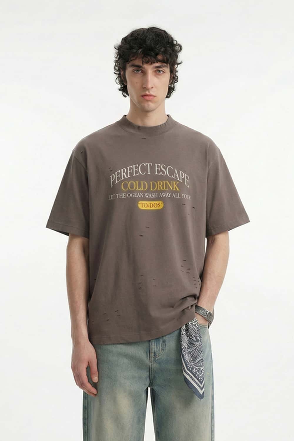 Distressed Mock Neck Graphic Tee - Brown
