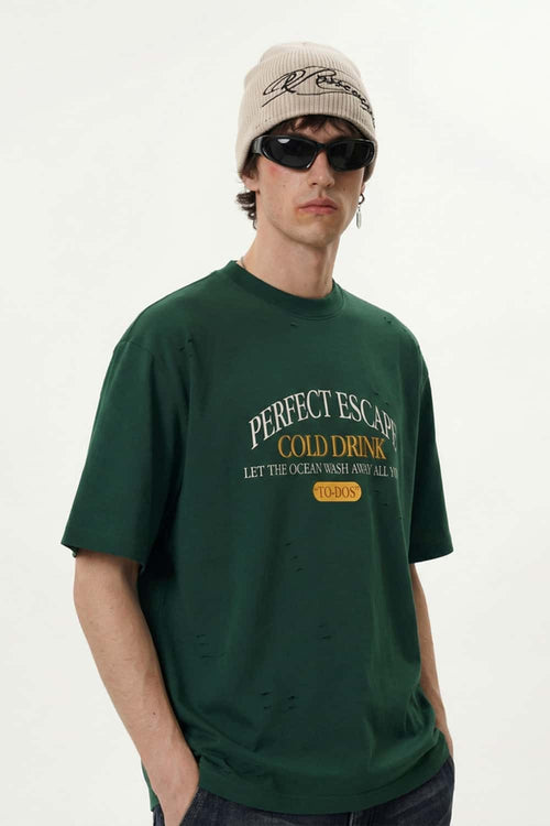 Distressed Mock Neck Graphic Tee - Green