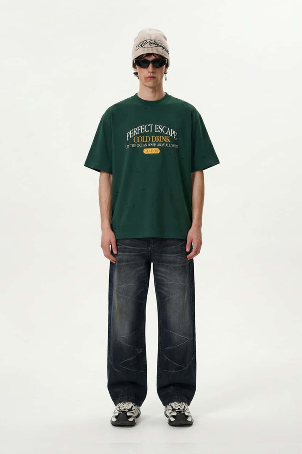 Distressed Mock Neck Graphic Tee - Green