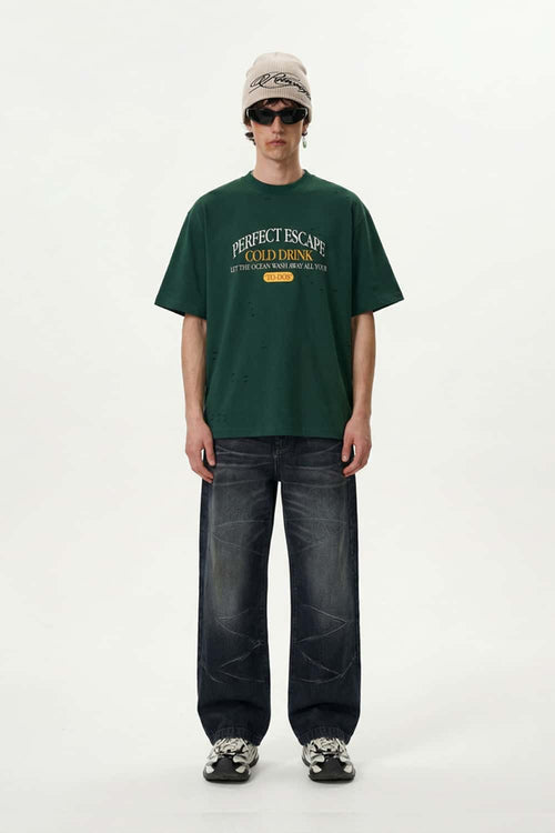 Distressed Mock Neck Graphic Tee - Green