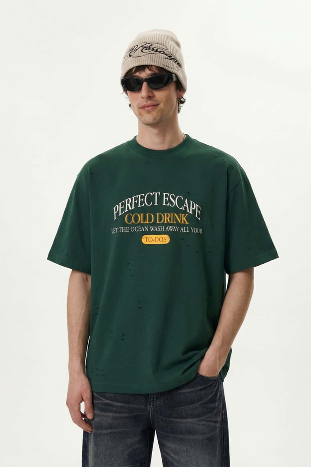 Distressed Mock Neck Graphic Tee - Green
