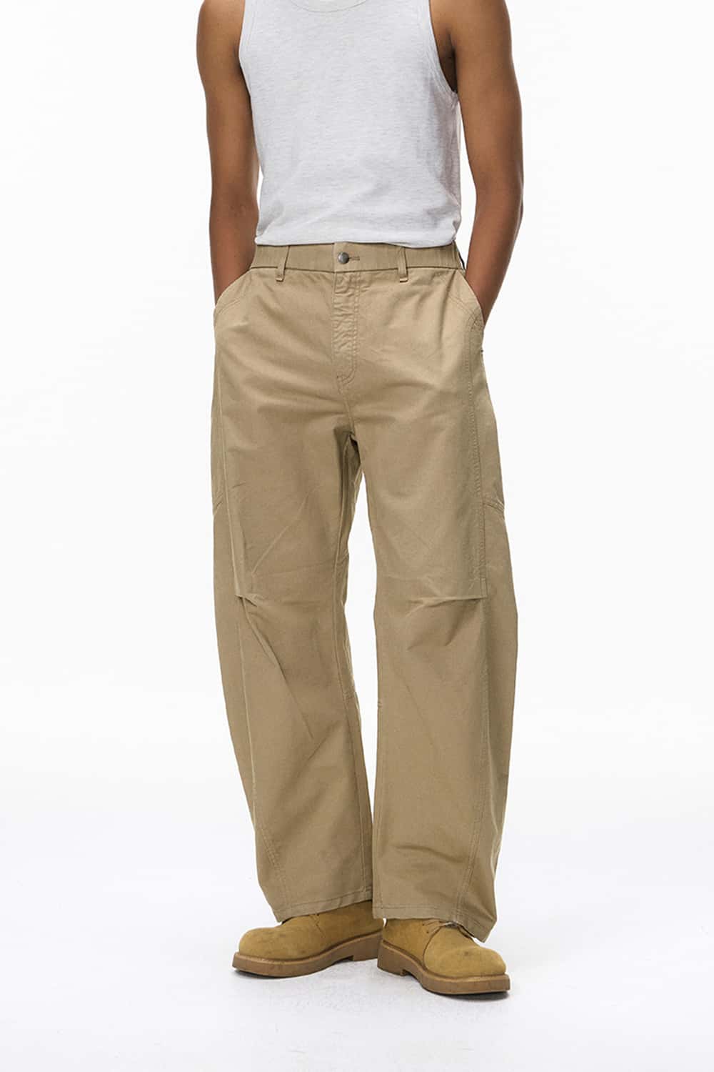 Vintage Deconstructed Pleated Curved Cargo Pants - Khaki