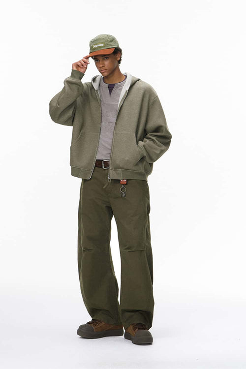 Vintage Deconstructed Pleated Curved Cargo Pants - Olive